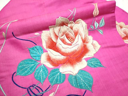 平和屋着物●アンティーク　大正ロマン　九寸名古屋帯　総手刺繍　薔薇　正絹　逸品　CABF8647hy