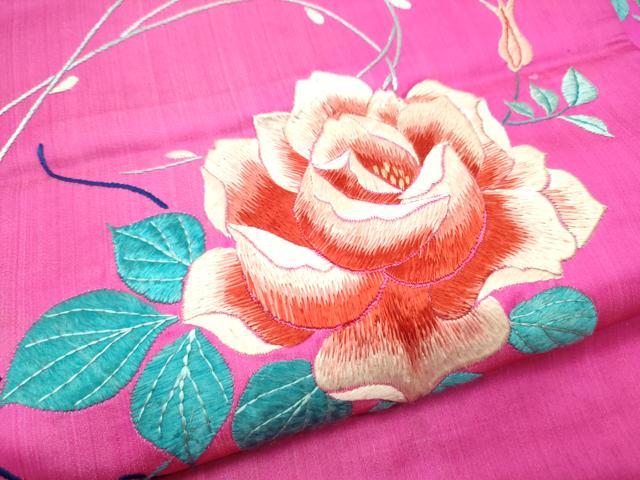 平和屋着物●アンティーク　大正ロマン　九寸名古屋帯　総手刺繍　薔薇　正絹　逸品　CABF8647hy