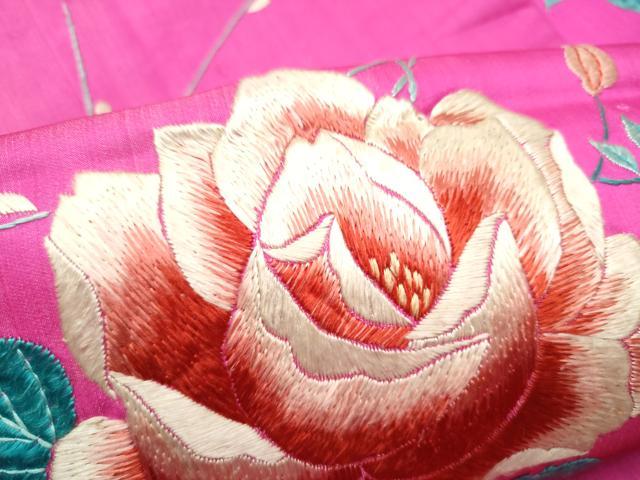 平和屋着物●アンティーク　大正ロマン　九寸名古屋帯　総手刺繍　薔薇　正絹　逸品　CABF8647hy
