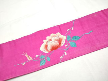 平和屋着物●アンティーク　大正ロマン　九寸名古屋帯　総手刺繍　薔薇　正絹　逸品　CABF8647hy