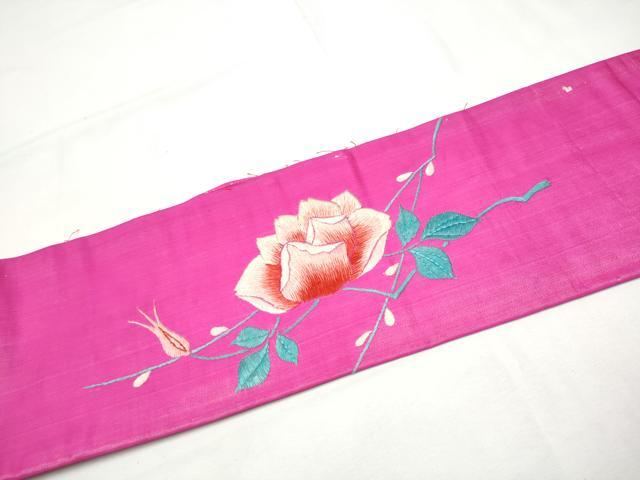 平和屋着物●アンティーク　大正ロマン　九寸名古屋帯　総手刺繍　薔薇　正絹　逸品　CABF8647hy
