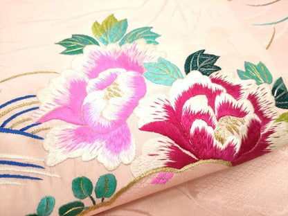 平和屋着物●アンティーク　大正ロマン　九寸名古屋帯　総手刺繍　流水花文　金糸　正絹　逸品　CABF8648hy