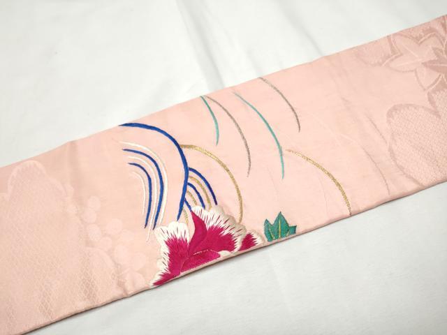 平和屋着物●アンティーク　大正ロマン　九寸名古屋帯　総手刺繍　流水花文　金糸　正絹　逸品　CABF8648hy