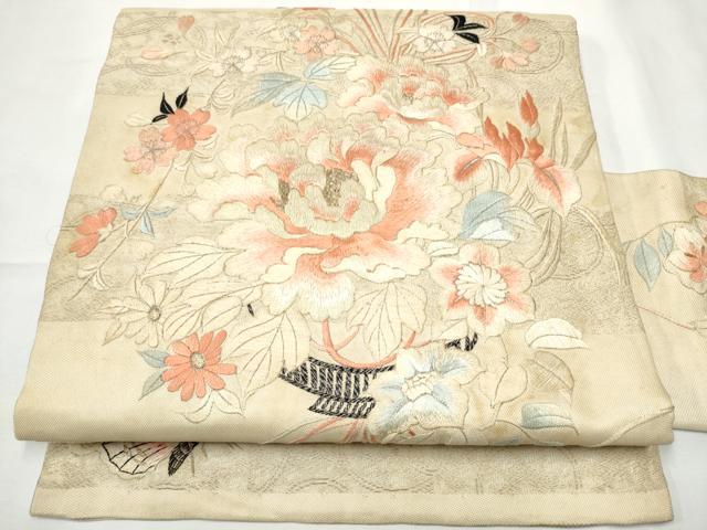 平和屋着物●アンティーク　大正ロマン　九寸名古屋帯　手刺繍　草花文　金糸　正絹　逸品　CABF8650hy