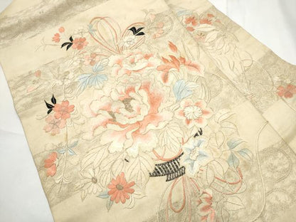 平和屋着物●アンティーク　大正ロマン　九寸名古屋帯　手刺繍　草花文　金糸　正絹　逸品　CABF8650hy
