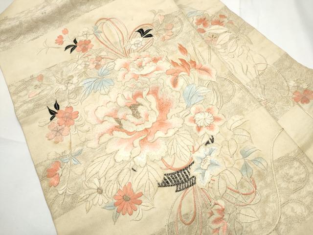 平和屋着物●アンティーク　大正ロマン　九寸名古屋帯　手刺繍　草花文　金糸　正絹　逸品　CABF8650hy