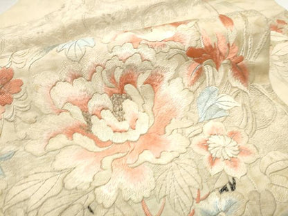 平和屋着物●アンティーク　大正ロマン　九寸名古屋帯　手刺繍　草花文　金糸　正絹　逸品　CABF8650hy