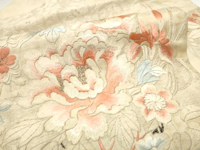 平和屋着物●アンティーク　大正ロマン　九寸名古屋帯　手刺繍　草花文　金糸　正絹　逸品　CABF8650hy