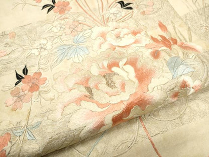 平和屋着物●アンティーク　大正ロマン　九寸名古屋帯　手刺繍　草花文　金糸　正絹　逸品　CABF8650hy