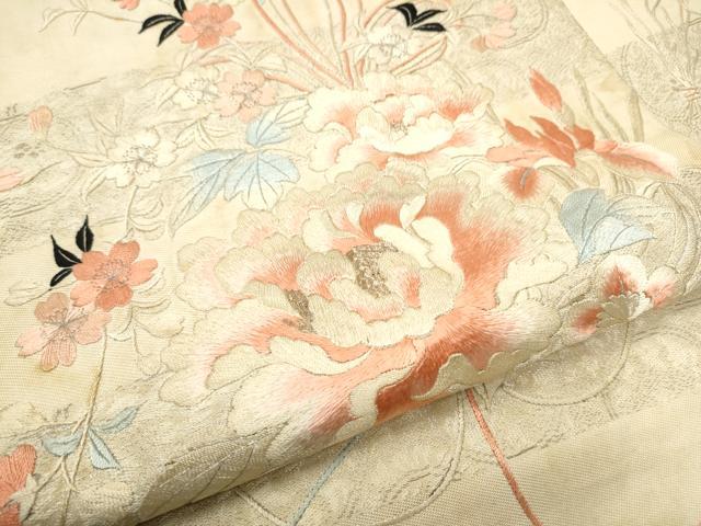 平和屋着物●アンティーク　大正ロマン　九寸名古屋帯　手刺繍　草花文　金糸　正絹　逸品　CABF8650hy
