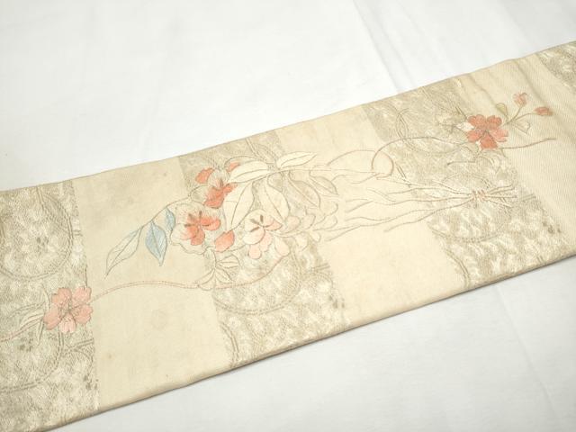 平和屋着物●アンティーク　大正ロマン　九寸名古屋帯　手刺繍　草花文　金糸　正絹　逸品　CABF8650hy