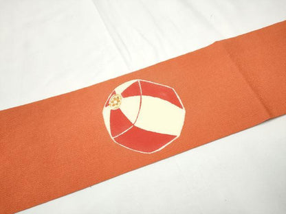 平和屋着物●九寸名古屋帯　型染め　花毬文　鬼しぼ縮緬　正絹　逸品　CABF8652hy