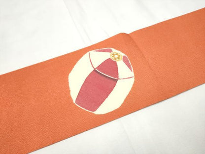 平和屋着物●九寸名古屋帯　型染め　花毬文　鬼しぼ縮緬　正絹　逸品　CABF8652hy