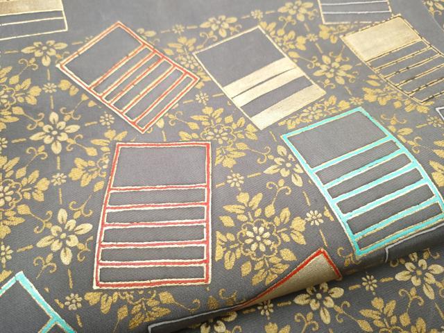 平和屋着物●塩瀬　九寸名古屋帯　幾何学花文　金彩　正絹　逸品　CABF8653hy