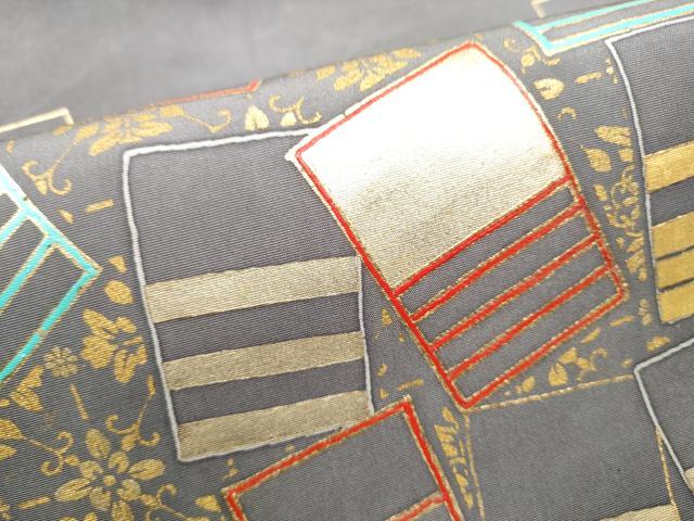 平和屋着物●塩瀬　九寸名古屋帯　幾何学花文　金彩　正絹　逸品　CABF8653hy