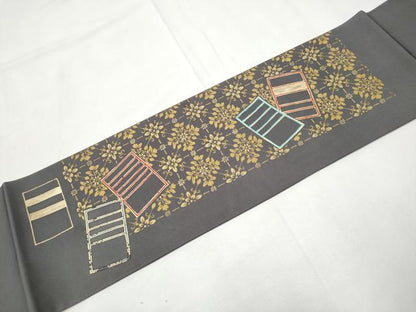 平和屋着物●塩瀬　九寸名古屋帯　幾何学花文　金彩　正絹　逸品　CABF8653hy