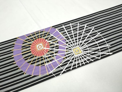 平和屋着物●九寸名古屋帯　幾何学文様　黒地　金彩　正絹　逸品　CABF8654hy