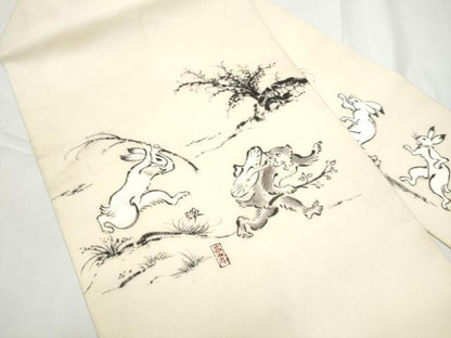 平和屋着物●九寸名古屋帯　手描き　鳥獣戯画　正絹　逸品　CABF8655hy