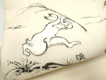 平和屋着物●九寸名古屋帯　手描き　鳥獣戯画　正絹　逸品　CABF8655hy