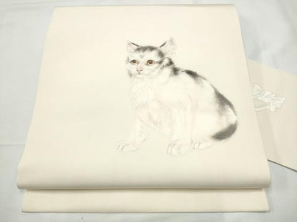 平和屋着物●塩瀬　九寸名古屋帯　作家物　手描き　猫　鈴乃屋扱い　正絹　逸品　CABF8656hy