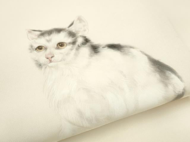 平和屋着物●塩瀬　九寸名古屋帯　作家物　手描き　猫　鈴乃屋扱い　正絹　逸品　CABF8656hy