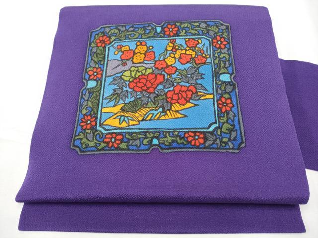 平和屋着物●九寸名古屋帯　色紙草花文　鬼しぼ縮緬　正絹　逸品　CABF8657hy