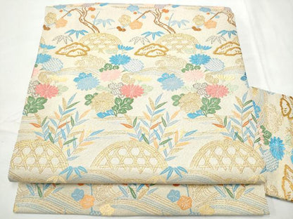 平和屋着物●西陣　九寸名古屋帯　唐織　籬草花文　金糸　証紙付き　正絹　逸品　CABF8658hy