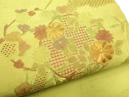 平和屋着物▼中国三大刺繍 スワトウ相良刺繍 総刺繍 つけ帯 紬地 花丸文 正絹 逸品 CABF8662hy