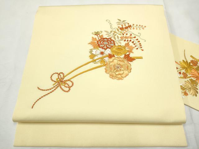 平和屋着物●塩瀬　九寸名古屋帯　総刺繍　花車文　金銀糸　正絹　逸品　CABF8666hy