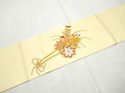 平和屋着物●塩瀬　九寸名古屋帯　総刺繍　花車文　金銀糸　正絹　逸品　CABF8666hy