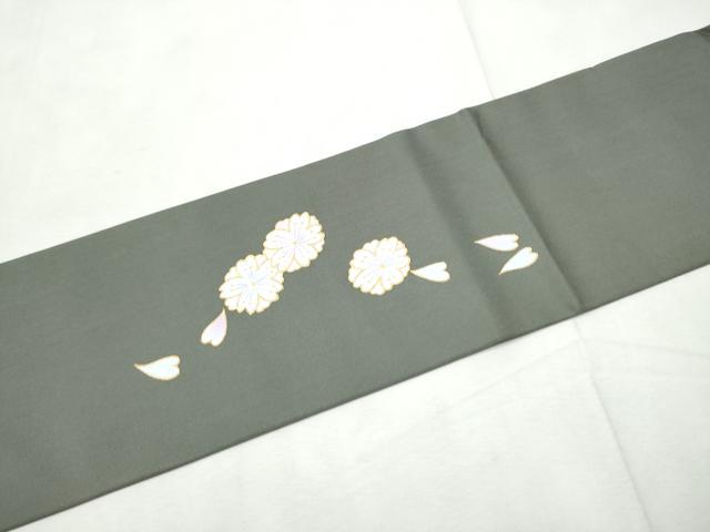 平和屋着物●塩瀬　九寸名古屋帯　流水草花文　金彩　正絹　逸品　CABF8667hy