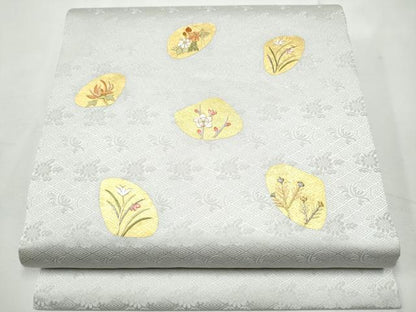 平和屋着物●九寸開き名古屋帯　刺繍　草花文　金彩　正絹　逸品　CABF8669hy