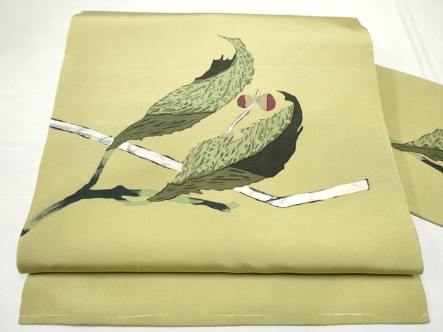 平和屋着物●塩瀬　九寸名古屋帯　ろうけつ染　枝葉文　正絹　逸品　CABF8676hy