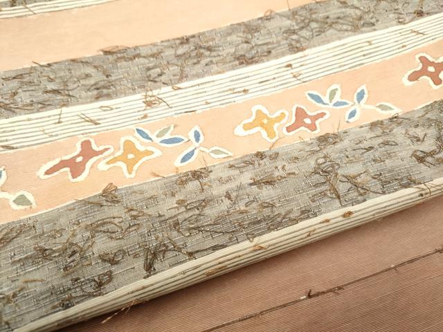 平和屋着物●塩瀬　九寸名古屋帯　髭紬　型染め　横段花文　正絹　逸品　CABF8680hy