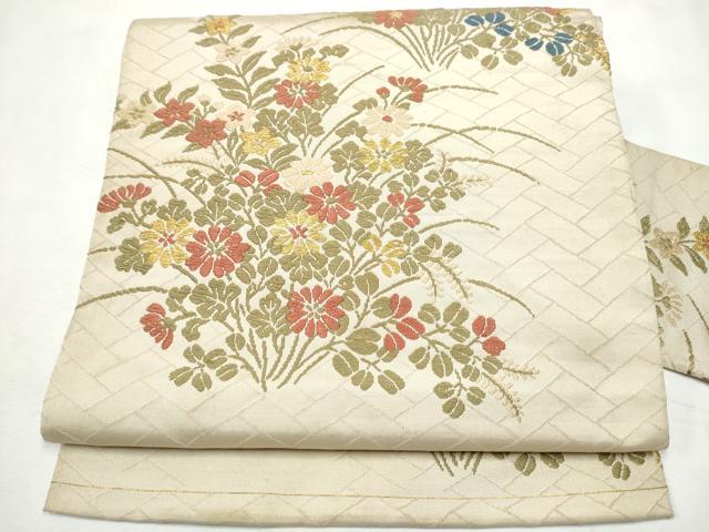 平和屋着物●九寸名古屋帯　唐織　草花文　金糸　正絹　逸品　CABF8682hy