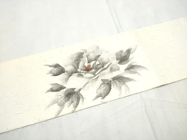平和屋着物●九寸名古屋帯　作家物　手描き　髭紬　牡丹　正絹　逸品　CABF8685hy