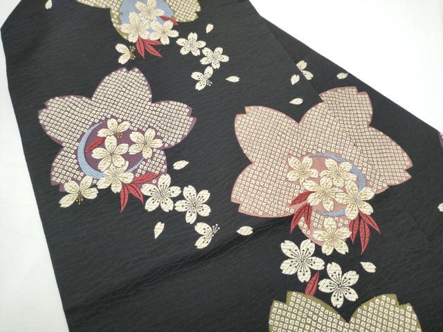平和屋着物●九寸名古屋帯　唐織　舞桜文　黒地　正絹　逸品　CABF8690hy