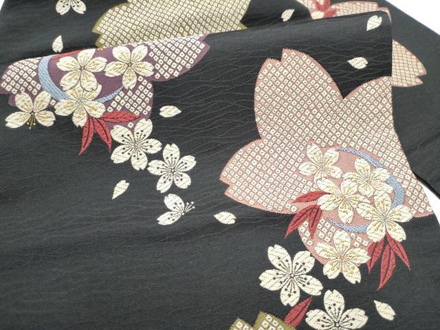 平和屋着物●九寸名古屋帯　唐織　舞桜文　黒地　正絹　逸品　CABF8690hy