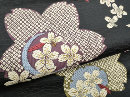 平和屋着物●九寸名古屋帯　唐織　舞桜文　黒地　正絹　逸品　CABF8690hy