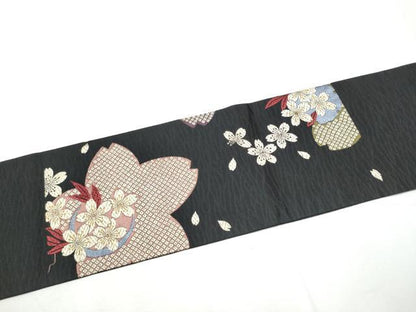 平和屋着物●九寸名古屋帯　唐織　舞桜文　黒地　正絹　逸品　CABF8690hy