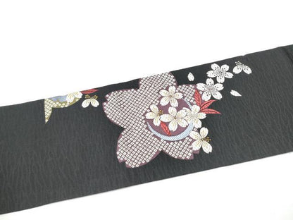平和屋着物●九寸名古屋帯　唐織　舞桜文　黒地　正絹　逸品　CABF8690hy
