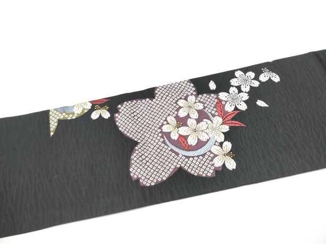 平和屋着物●九寸名古屋帯　唐織　舞桜文　黒地　正絹　逸品　CABF8690hy