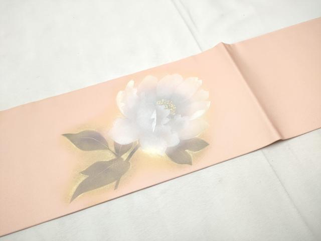 平和屋着物●塩瀬　九寸名古屋帯　作家物　手描き　枝牡丹　金彩　正絹　逸品　CABF8694hy