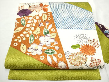 平和屋着物●九寸名古屋帯　駒刺繍　型染め　切嵌花文　正絹　逸品　CABF8695hy