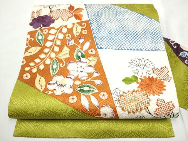 平和屋着物●九寸名古屋帯　駒刺繍　型染め　切嵌花文　正絹　逸品　CABF8695hy