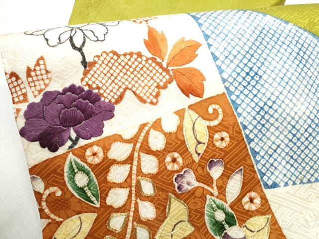 平和屋着物●九寸名古屋帯　駒刺繍　型染め　切嵌花文　正絹　逸品　CABF8695hy