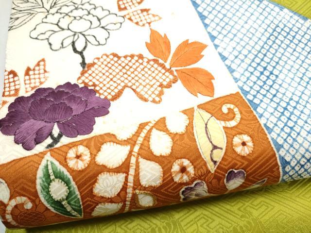 平和屋着物●九寸名古屋帯　駒刺繍　型染め　切嵌花文　正絹　逸品　CABF8695hy