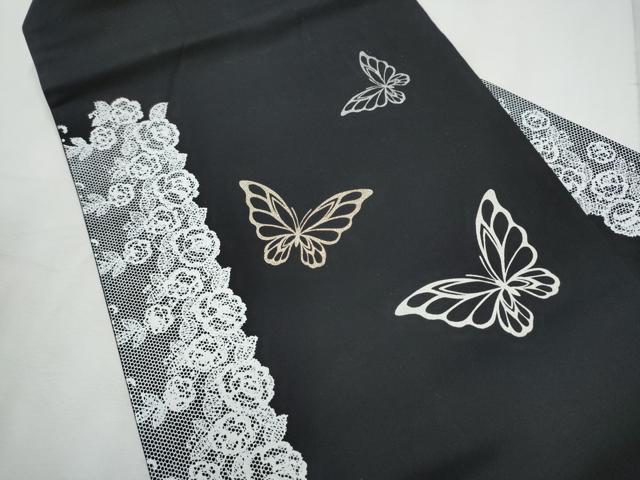 平和屋着物●九寸名古屋帯　花蝶文　黒地　銀通し地　正絹　逸品　CABF8696hy