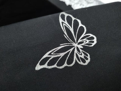 平和屋着物●九寸名古屋帯　花蝶文　黒地　銀通し地　正絹　逸品　CABF8696hy