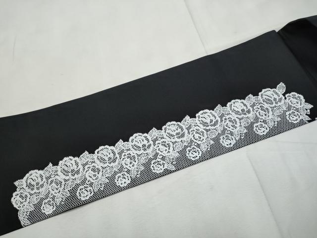 平和屋着物●九寸名古屋帯　花蝶文　黒地　銀通し地　正絹　逸品　CABF8696hy